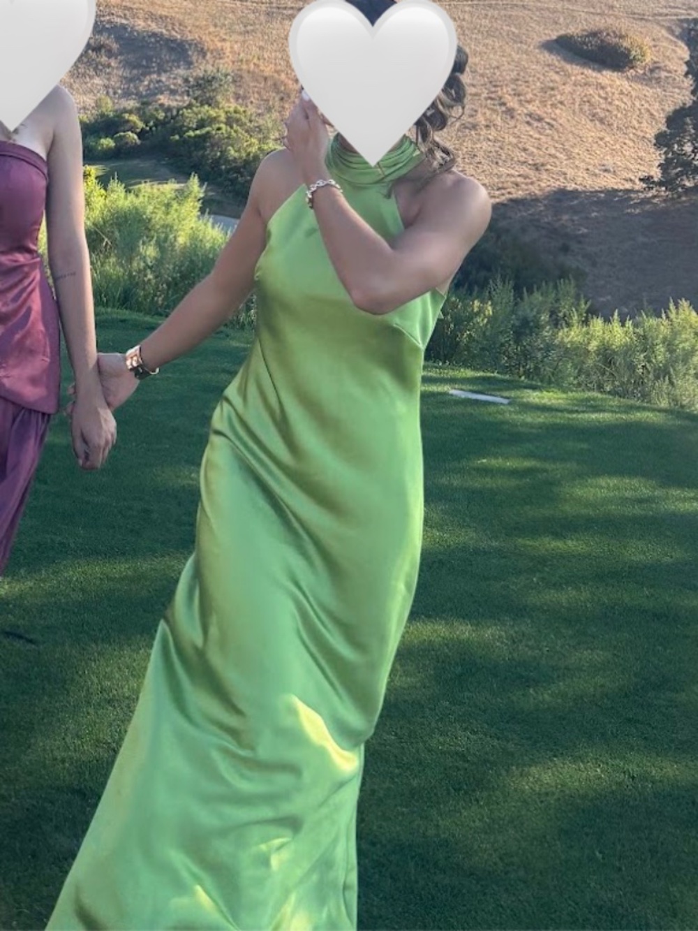 Xscape Chartreuse Green Satin Halter Maxi Gown — Size 6